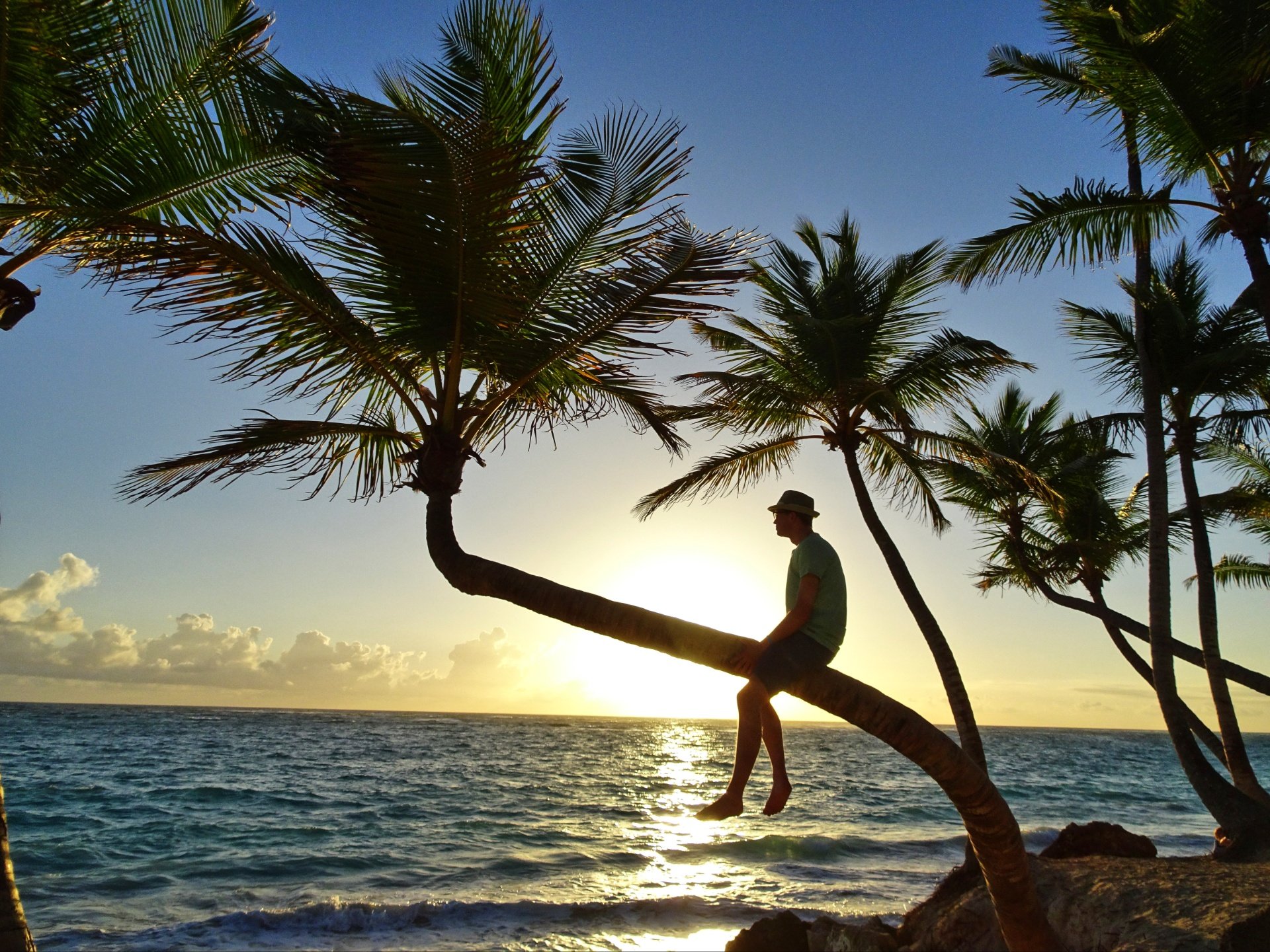 Hombre sentado en palmera en la playa en Punta Cana